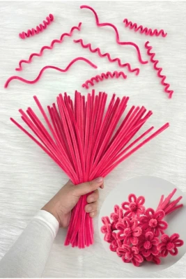 100 Adet Neon Pembe Şönil 30cm, Fosforlu Kadife Tel, El İşi, Çiçek, Hediye, Süsleme, Okul, Etkinlik