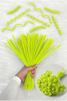 100 Adet Neon Sarı Şönil 30cm Fosforlu, Tüylü Kadife Tel, El İşi, Çiçek Hediye Süsleme Okul Etkinlik