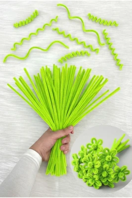 100 Adet Neon Yeşil Şönil 30cm, Fosforlu Kadife Tel, El İşi, Çiçek, Hediye, Süsleme, Okul, Etkinlik