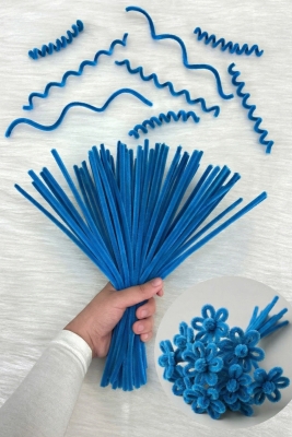 100 Adet Okul Mavi Şönil 30cm, Tüylü Peluş Kadife Tel, El İşi, Çiçek, Hediye, Süsleme, Okul Etkinlik