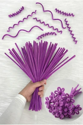 100 Adet Koyu Lila Şönil 30cm, Tüylü Kadife Tel, El İşi, Çiçek, Hediye, Süsleme, Okul, Etkinlik