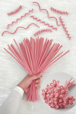 100 Adet Pudra Pembe Şönil 30cm, Tüylü Kadife Tel, El İşi, Çiçek, Hediye, Süsleme, Okul, Etkinlik