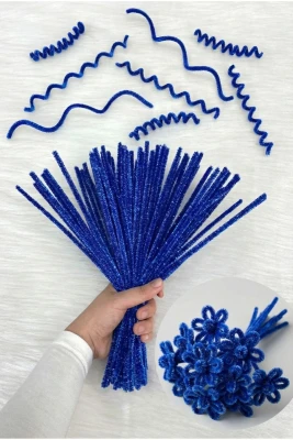 100 Adet Saks Mavi Simli Şönil 30cm Tüylü Kadife Tel, El İşi, Çiçek, Hediye, Süsleme, Okul, Etkinlik