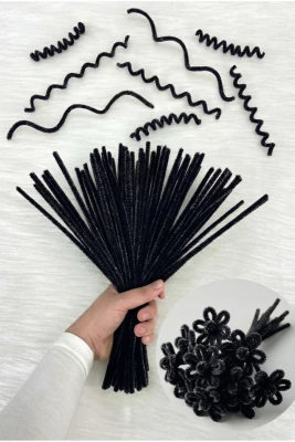 100 Adet Siyah Simli Şönil 30cm, Tüylü Kadife Tel, El İşi, Çiçek, Hediye, Süsleme, Okul, Etkinlik