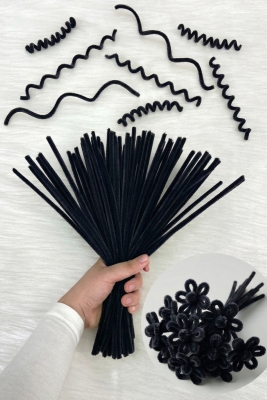 100 Adet Siyah Şönil 30cm, Tüylü Peluş Kadife Tel, El İşi, Çiçek, Hediye, Süsleme, Okul, Etkinlik