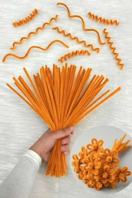 100 Adet Turuncu Şönil 30cm, Tüylü Peluş Kadife Tel, El İşi, Çiçek, Hediye, Süsleme, Okul, Etkinlik