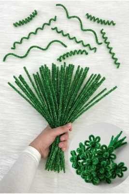 100 Adet Zümrüt Yeşili Simli Şönil 30cm, Tüylü Kadife Tel, El İşi, Çiçek, Hediye, Süsleme, Okul