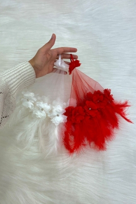 2 Adet Gelin Damat Kırmızı Beyaz Halay Mendili, Üç Boyutlu Çiçek Ve Tüy Süslemeli, Düğün Kına Nişan