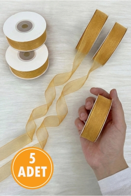 5 Adet Organze Tül Kurdele Açık Kahverengi 2cm 22mt, Bohça, Çeyiz, Hediye, Paketleme, Süsleme, Nikah