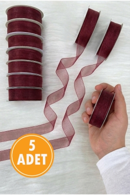 5 Adet Organze Tül Kurdele Bordo 2 cm 22 mt, Bohça, Nişan, Çeyiz, Hediye, Paketleme, Süsleme, Nikah