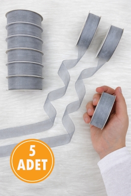 5 Adet Organze Tül Kurdele Gri 2 cm 22 mt, Bohça, Nişan, Çeyiz, Hediye, Paketleme, Süsleme, Nikah