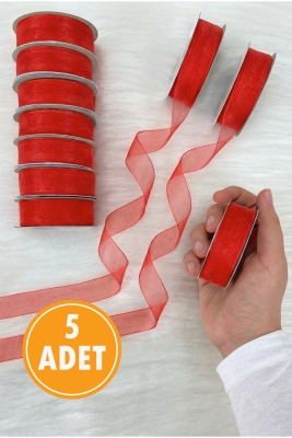 5 Adet Organze Tül Kurdele Kırmızı 2 cm 22mt, Bohça, Nişan, Çeyiz, Hediye, Paketleme, Süsleme, Nikah