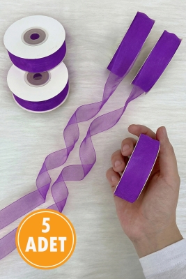 5 Adet Organze Tül Kurdele Lila 2 cm 22 mt, Bohça, Nişan, Çeyiz, Hediye, Paketleme, Süsleme, Nikah