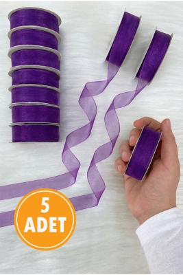 5 Adet Organze Tül Kurdele Mor 2 cm 22 mt, Bohça, Nişan, Çeyiz, Hediye, Paketleme, Süsleme, Nikah
