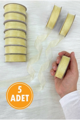 5 Adet Organze Tül Kurdele Pastel Krem 2cm 22mt, Bohça, Nişan, Çeyiz, Hediye Paketleme Süsleme Nikah