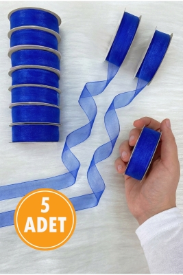 5 Adet Organze Tül Kurdele Saks Mavi 2cm 22mt, Bohça, Nişan, Çeyiz, Hediye, Paketleme, Süsleme Nikah
