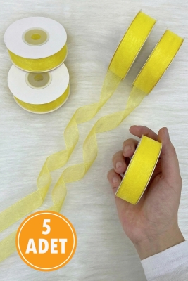 5 Adet Organze Tül Kurdele Sarı 2 cm 22 mt, Bohça, Nişan, Çeyiz, Hediye, Paketleme, Süsleme, Nikah