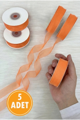 5 Adet Organze Tül Kurdele Somon 2 cm 22 mt, Bohça, Nişan, Çeyiz, Hediye, Paketleme, Süsleme, Nikah