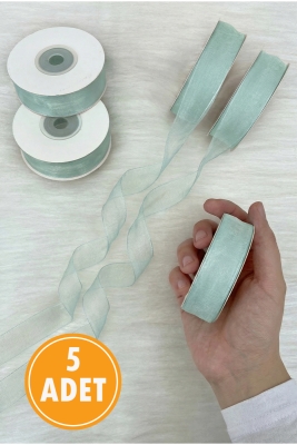 5 Adet Organze Tül Kurdele Su Yeşili 2cm 22mt, Bohça, Nişan, Çeyiz, Hediye, Paketleme, Süsleme Nikah