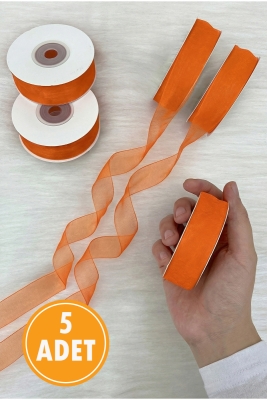 5 Adet Organze Tül Kurdele Turuncu 2cm 22mt, Bohça, Nişan, Çeyiz, Hediye, Paketleme, Süsleme, Nikah