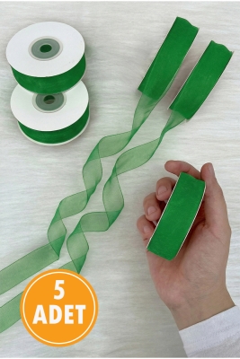 5 Adet Organze Tül Kurdele Yeşil 2 cm 22 mt, Bohça, Nişan, Çeyiz, Hediye, Paketleme, Süsleme, Nikah