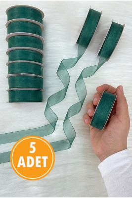 5 Adet Organze Tül Kurdele Zümrüt Yeşili 2cm 22mt, Bohça, Çeyiz, Hediye, Paketleme, Süsleme, Nikah