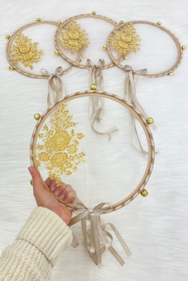 Aplikli Gelin Tefi Gold, Nedime Düğün Kına Gecesi Sünnet Bekarlığa Veda Bride Zilli 25cm 1 Adet