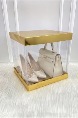 Asetat Gelin Çeyiz Bohça Kutusu, Gold Büyük Boy 30x30Cm, Şeffaf Katlanabilir Demonte, Damat Nişan Hediye