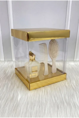 Asetat Gelin Çeyiz Bohça Kutusu, Gold Küçük Boy 20x20Cm, Şeffaf Katlanabilir Demonte, Damat Nişan Hediye
