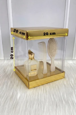 Asetat Gelin Çeyiz Bohça Kutusu, Şeffaf Katlanabilir Demonte, Damat Nişan Hediye, Gold Küçük Boy 20x20Cm