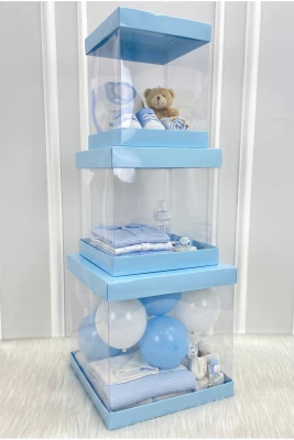 Asetat Kutu, Bebe Mavi 3'lü Set, Şeffaf Katlanabilir Demonte, Doğum Hediye Baby Shower Bebek Cinsiyet Parti