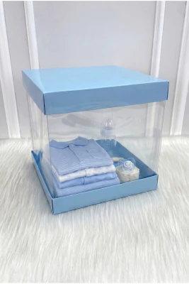 Asetat Kutu, Bebe Mavi Orta Boy 25x25Cm, Şeffaf Demonte, Doğum Hediye Baby Bebek Cinsiyet Parti