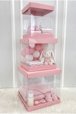Asetat Kutu, Bebe Pembe 3'lü Set, Şeffaf Katlanabilir Demonte, Doğum Hediye Baby Shower Bebek Cinsiyet Parti