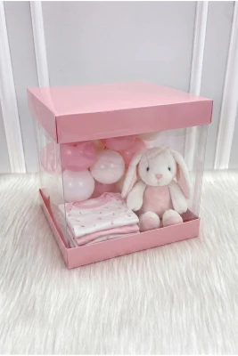 Asetat Kutu, Bebe Pembe Orta Boy 25x25Cm, Şeffaf Demonte, Doğum Hediye Baby Bebek Cinsiyet Parti