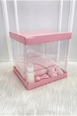 Asetat Kutu, Bebe Pembe Büyük Boy 30x30Cm, Şeffaf Demonte, Doğum Hediye Baby Bebek Cinsiyet Parti