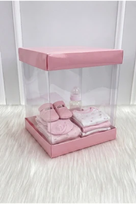 Asetat Kutu, Bebe Pembe Küçük Boy 20X20Cm, Şeffaf Demonte, Doğum Hediye Baby Bebek Cinsiyet Parti