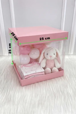 Asetat Kutu, Şeffaf Demonte, Doğum Hediye Baby Bebek Cinsiyet Parti, Bebe Pembe Orta Boy 25x25Cm