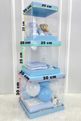 Asetat Kutu, Şeffaf Katlanabilir Demonte, Doğum Hediye Baby Shower Bebek Cinsiyet Parti, Bebe Mavi 3'lü Set,