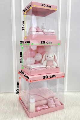 Asetat Kutu, Şeffaf Katlanabilir Demonte, Doğum Hediye Baby Shower Bebek Cinsiyet Parti, Bebe Pembe 3'lü Set