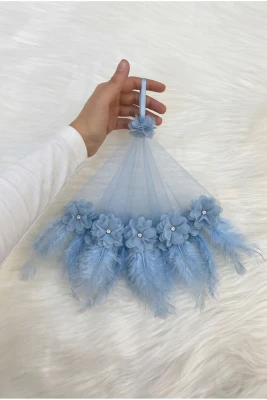 Bebe Mavi Gelin Damat Halay Mendili, Üç Boyutlu Çiçek Ve Tüy Süslemeli, Düğün Kına Nişan Sünnet Bride
