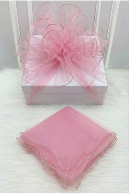Bebe Pembe Süsleme Tülü, Gold Kenar Bohça Çeyiz Gelin Damat Nişan Nikah Valiz Hediye Süsü 150x150cm