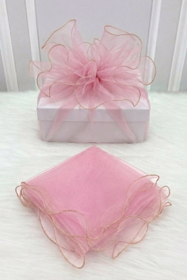 Bebe Pembe Süsleme Tülü Gold Kenarlı, Bohça Çeyiz Gelin Söz Nişan Nikah Valiz Hediye Süsü 100x100cm