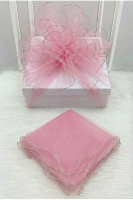 Bebe Pembe Süsleme Tülü, Gümüş Kenar Bohça Çeyiz Gelin Damat Nişan Nikah Valiz Hediye Süsü 150x150cm