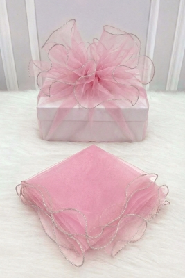 Bebe Pembe Süsleme Tülü Gümüş Kenarlı, Bohça Çeyiz Gelin Nişan Nikah Valiz Hediye Süsü 100x100cm
