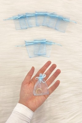 Bebek Mavi Organze Şeffaf Tül Kese 100 Adet Ölçü 5x7cm, Kına Çerez Kuruyemiş Altın Takı Söz Hediye