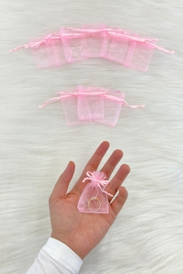 Bebek Pembe Organze Şeffaf Tül Kese, 50 Adet Ölçü 5x7cm, Kına Çerez Kuruyemiş Altın Takı Söz Hediye