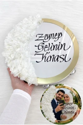 Beyaz Aynalı Gelin Tefi 30cm, Kaligrafi Yazılı Ve Lazer Çiçek Süslemeli, Düğün Nişan Sünnet Kına Nedime Nikah Söz Bride Parti Tefi