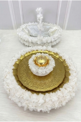 Beyaz Çiçekli Bakır Tepsili Kadife Kına Gecesi Tepsi Sepet Gelin Takımı, Nişan Nikah Düğün Sünnet
