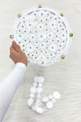 Beyaz Çiçekli Parlak Taşlı Gelin Tefi, Düğün Kına Söz Sünnet Bekarlığa Veda Bride Zilli 25cm, 1 Adet
