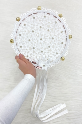 Beyaz Çiçekli Parlak Taşlı Gelin Tefi, Düğün Kına Söz Sünnet Bekarlığa Veda Bride Zilli 25cm, 1 Adet